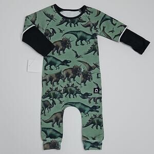 Rags Raglan Sleeve Hip Pocket Romper Dinosaur‎ Green | Infant Baby 3-6 Months